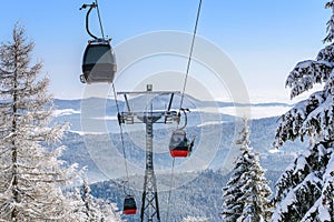 Gondola ski lift in the mountains