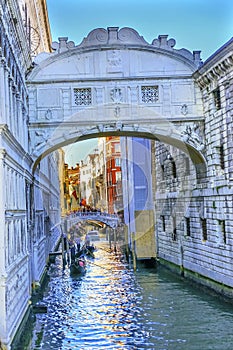 Gondola Touirists Colorful Side Canal Bridge Sighs Venice Italy