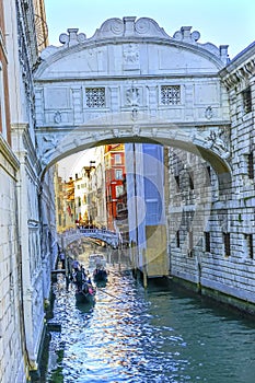 Gondola Touirists Colorful Side Canal Bridge Sighs Venice Italy