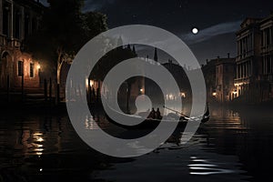 Gondola in Venice at night, Italy. 3D rendering, An elegant gondola floating on a moonlit Venetian canal, AI Generated