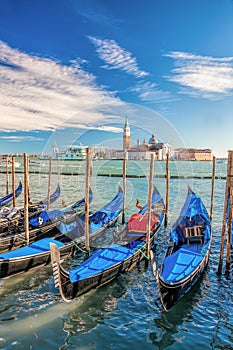 Gondolas against San Giorgio island in Venice, Italy