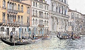 Gondolas and ancient buildings in Canal Grande, Venice, Italy