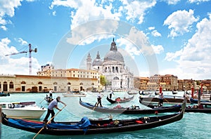 Gondolas on Canal and Basilica Santa Maria della Salute, Venice