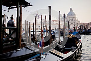 Gondolas on Canal Grande with Basilica di Santa