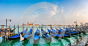 Gondolas on Canal Grande at sunset, San Marco, Venice, Italy