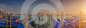 Gondolas on Canal Grande at sunset, San Marco, Venice, Italy