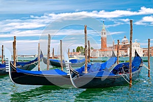 Gondolas docked at St Mark& x27;s Square in Venice