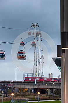 Gondolas of the Emirates Air Line cable car in London on a rainy day