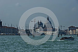 Gondolas on Grand Canal and Basilica Santa Maria della Salute, San Giorgio Maggiore Island, Venezia