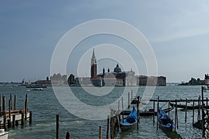 Gondolas on Grand Canal and Basilica Santa Maria della Salute, San Giorgio Maggiore Island, Venezia