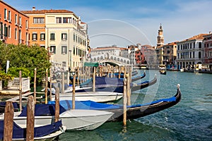Gondolas on Grand canal with Rialto bridge at background, Venice, Italy