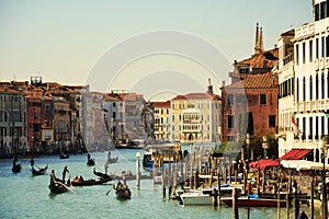 Gondolas on Grand Canal, from Rialto bridge, Venice, Italy, Europe