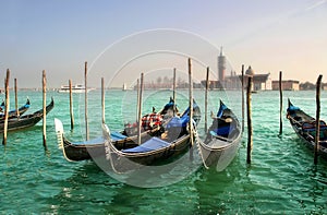 Gondolas on Grand Canal and San Giorgio Maggiore. photo