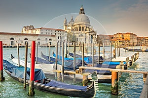 Gondolas in Grand Canal and Santa Maria Della Salute, Venice, Italy