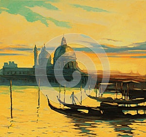 Gondolas on landing stage in venice, painting by oil paints , il