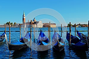 Gondolas Lined Up in Venice
