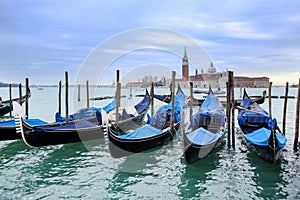 Gondolas moored in front of San Giorgio Maggiore