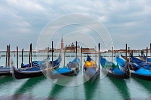 Gondolas moored in Piazza San Marco, Venice