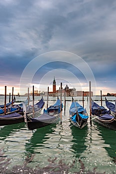 Gondolas moored in Piazza San Marco, Venice