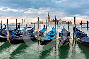 Gondolas moored in Piazza San Marco, Venice