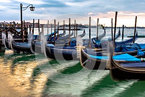 Gondolas moored in Piazza San Marco, Venice