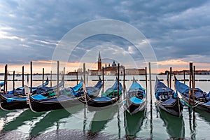 Gondolas moored in Piazza San Marco, Venice