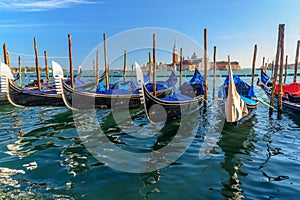 Gondolas moored by Piazza San Marco. Venice. Italy