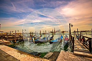 Gondolas moored by Saint Mark square, Beautiful Venice, Italy, Europe