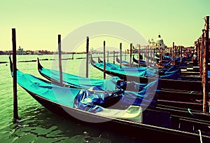 Gondolas moored by Saint Mark square. Venice, Italy