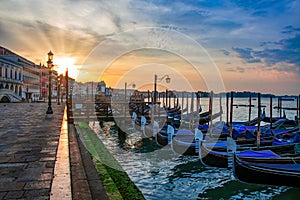 Gondolas moored on the San Marco basin, Venice, Italy
