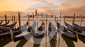 Gondolas moored in St. Mark`s Square, Venice, Italy