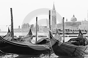 Gondolas moored in Venice