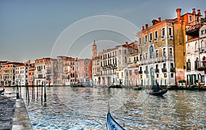 The gondolas and the palaces on the Grand Canal in Venice