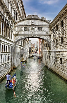 Gondolas Passing under the Bridge of Sighs, Venice