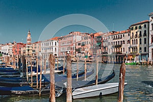 Gondolas and Venetian houses by the Grand Canal of Venice, Italy