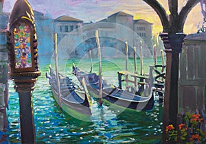 Gondolas in Venice, Italy, painting