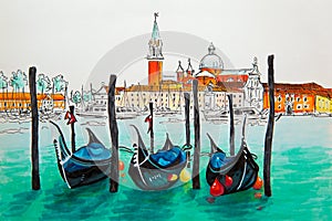 Gondolas in Venice lagoon, Italia