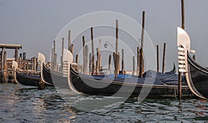 Gondolas in Venice. The gondolas are moored at the mooring posts. Venice, Italy.