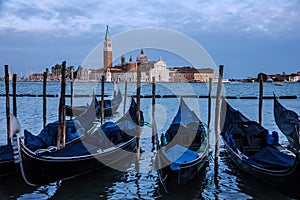 Gondolas Venice sea view, Italy. San Giorgio Maggiore island
