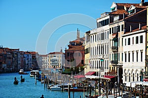 Gondolas, wooden poles, Grand Canal, Venice, Italy, Europe