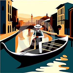 Gondolier on the canal in Venice. Vector illustration. Generative AI