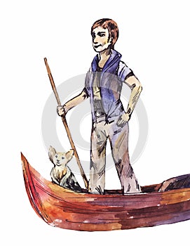 Gondolier with a dog, watercolor drawing isolated on white