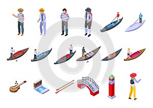 Gondolier icons set isometric vector. Venice bridge