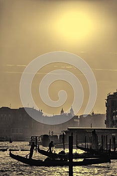 Gondoliers in Venice at Sunset, Italy Black and White