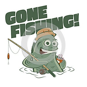 Gone fishing funny cartoon illustration