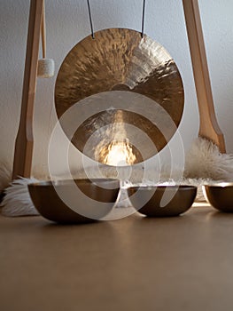 Gong and Singing bowls close up sound healing instrument for ceremony