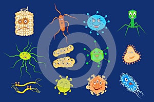Good bacteria and bad bacteria cartoon characters isolated on white. Set of funny bacterias germs in flat cartoon style