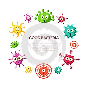 Good Bacteria Banner Template with Cute Colorful Microorganisms Pattern in Circular Shape, Probiotics, Medicine or