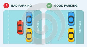 Good and bad parallel parking job. Top view template.