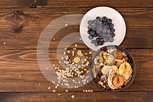 good breakfast, Organic Breakfast Quinoa with Nuts Milk and Berries, Breakfast oatmeal porridge with cinnamon, cranberries and